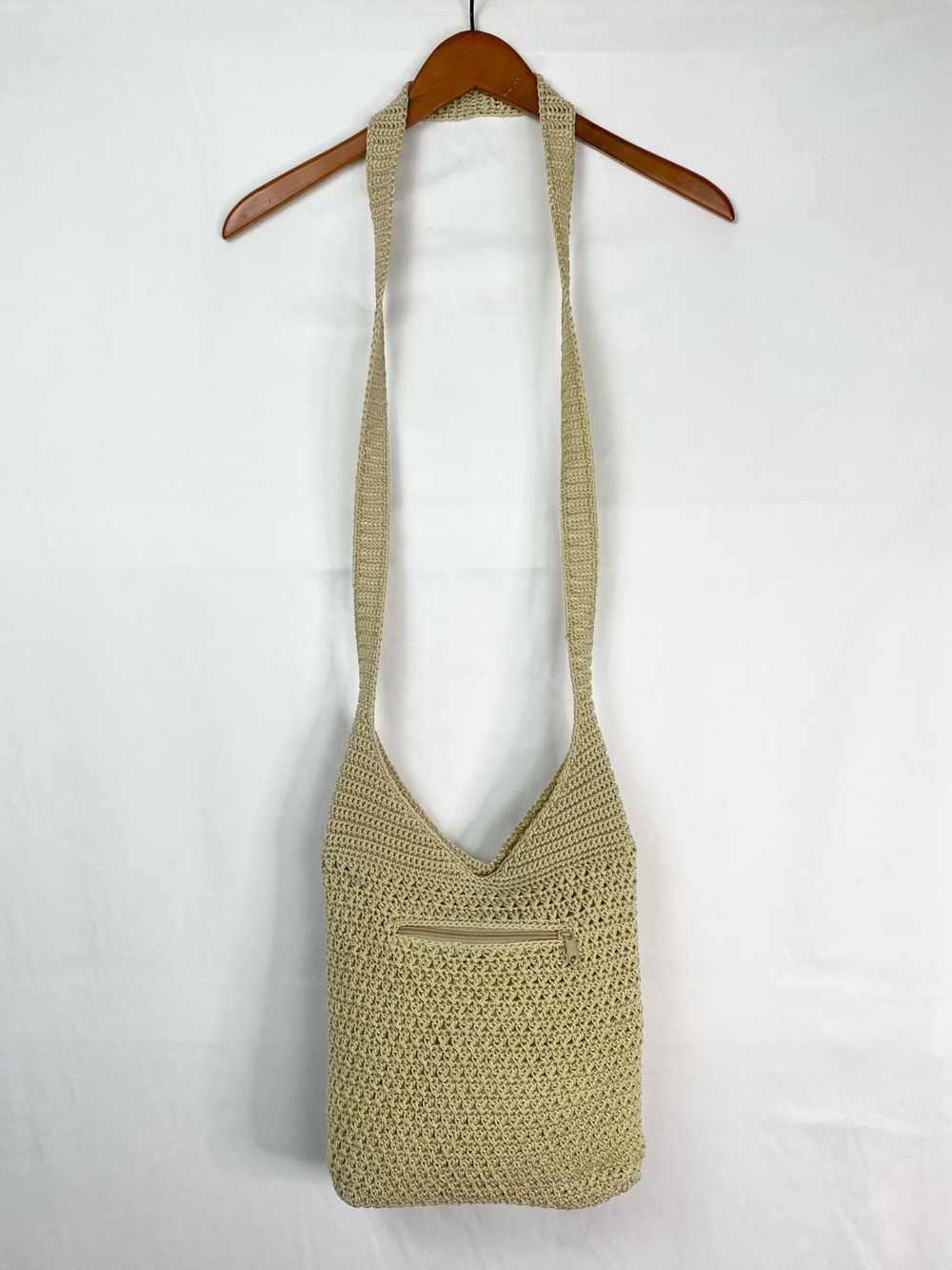 Crochet Crossbody Bag Beige Zip Pockets Beach Bohemian